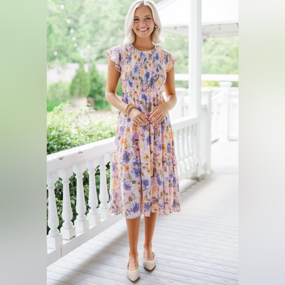 Floral Smocked Midi Dress in Lavender and Peach